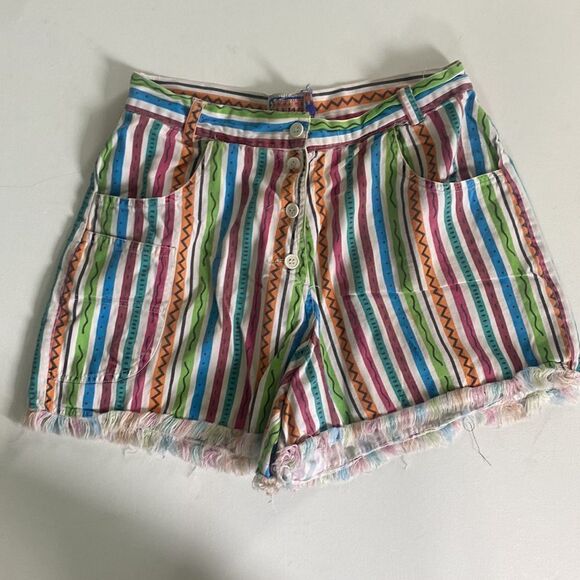 Vintage High Rise Button Fly Striped Cotton Shorts - Picture 2 of 4